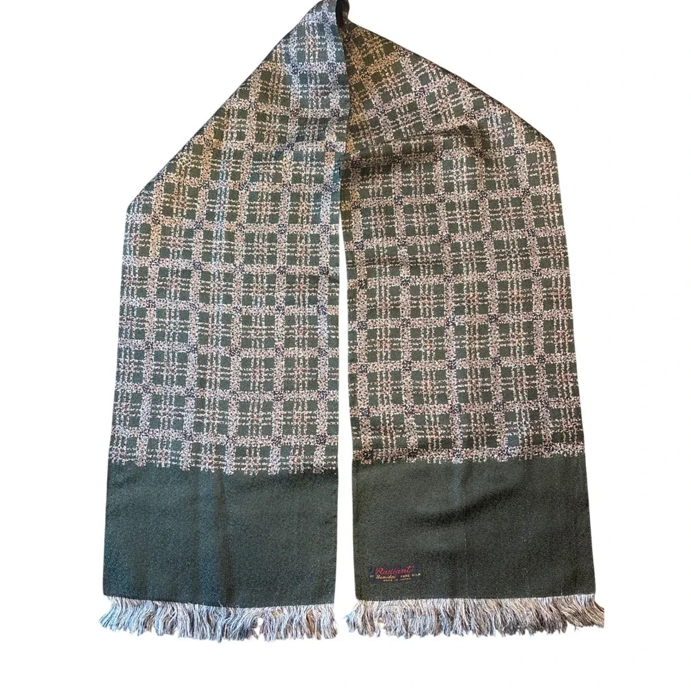 Vintage Radiant by Benidai‎ Pure Silk Scarf Green Plaid Fringe Made in Japan